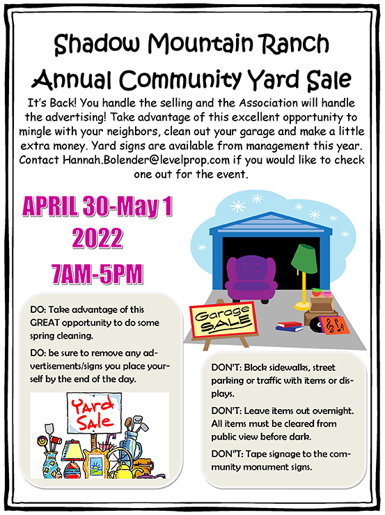 Yard Sale: April 30-May 1 from 7am to 5pm